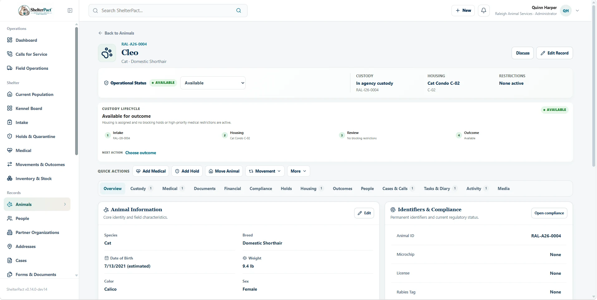 ShelterPact animal record showing operational status, custody lifecycle, quick actions, compliance, medical, documents and related activity