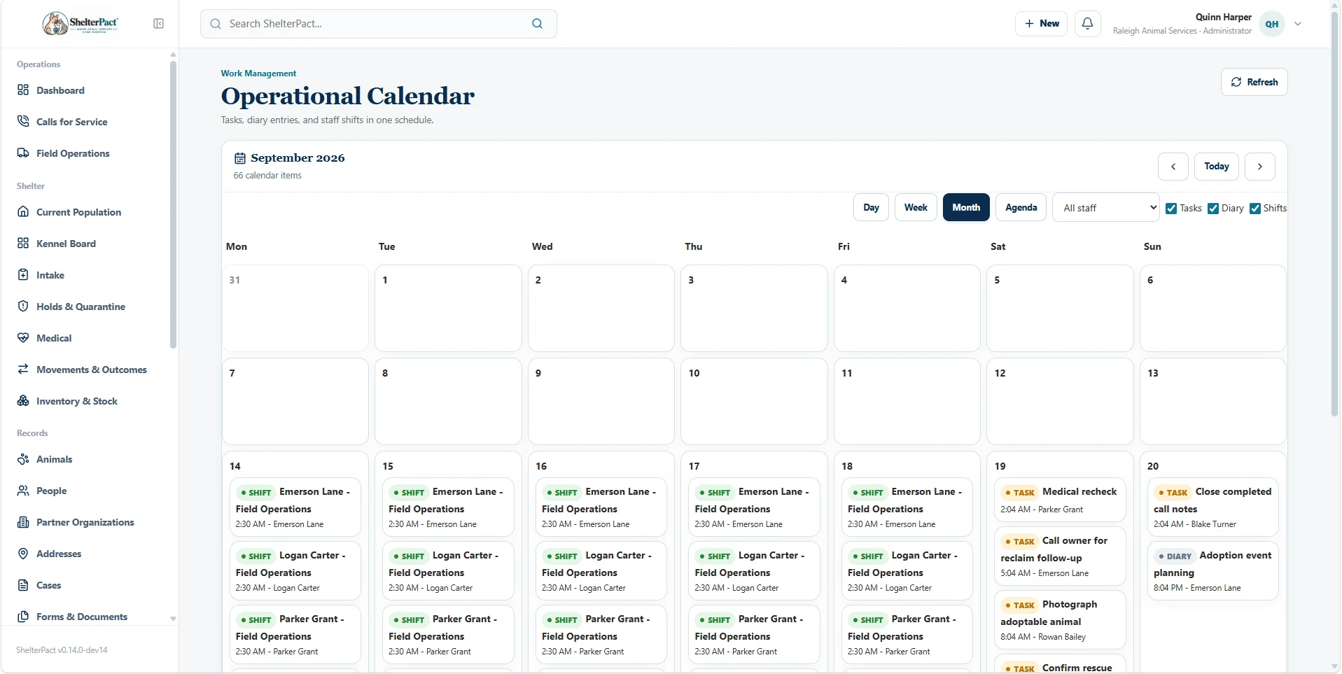 ShelterPact Operational Calendar with staff shifts, tasks and diary entries
