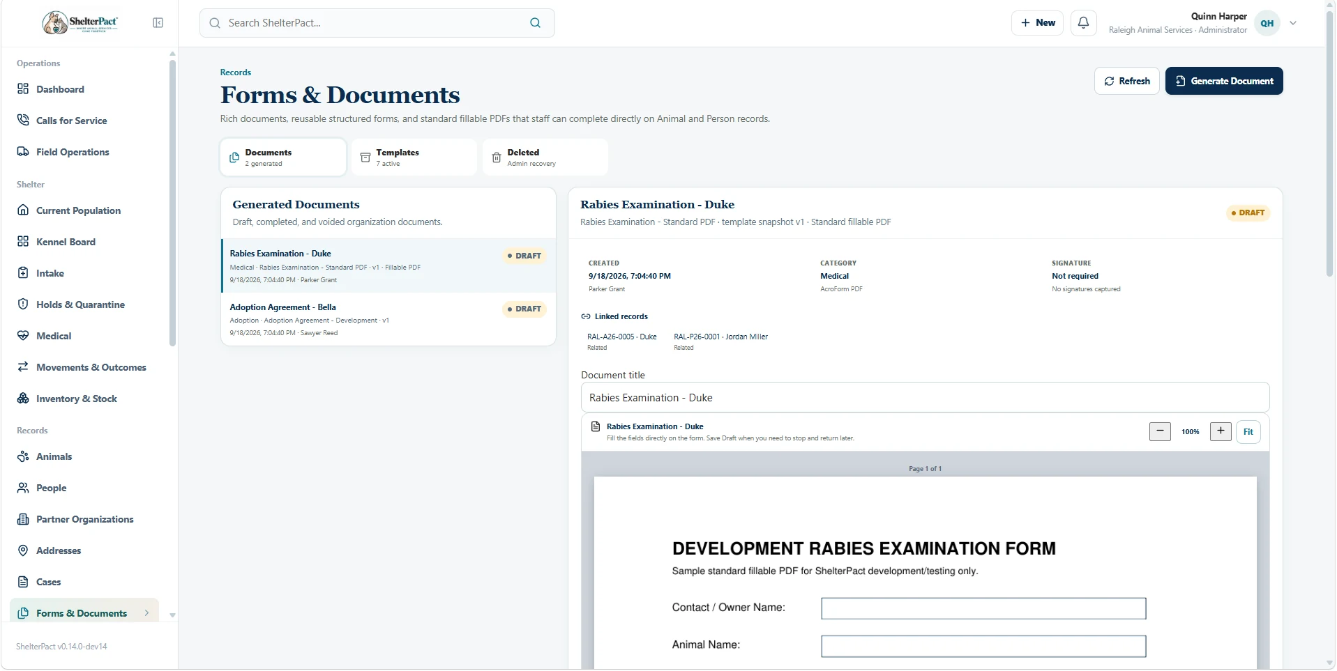 ShelterPact Forms and Documents workspace with a fillable PDF