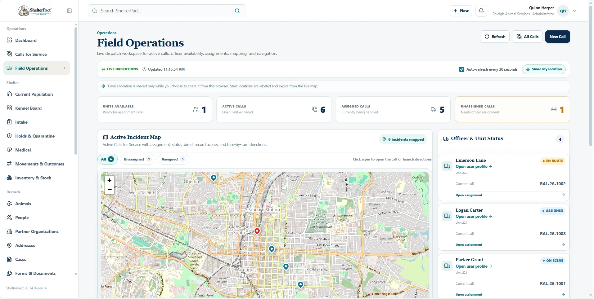 ShelterPact Field Operations workspace with live incident map, active calls, and officer status