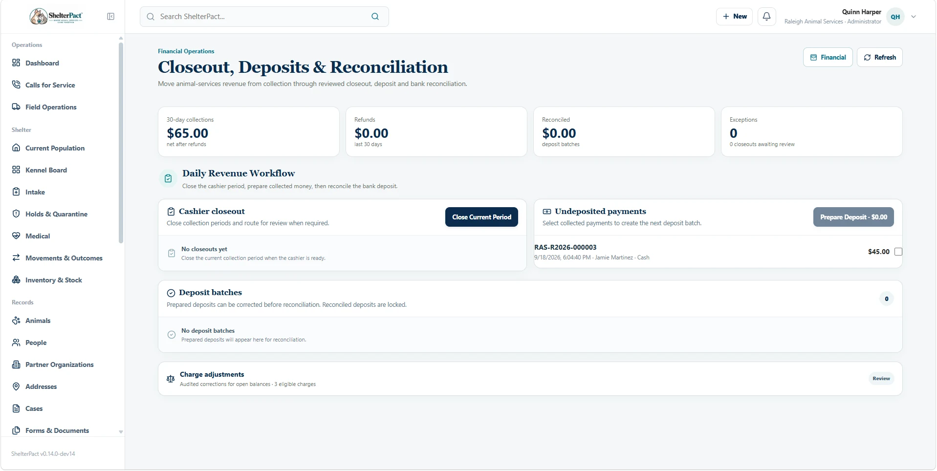 ShelterPact financial closeout deposits and reconciliation