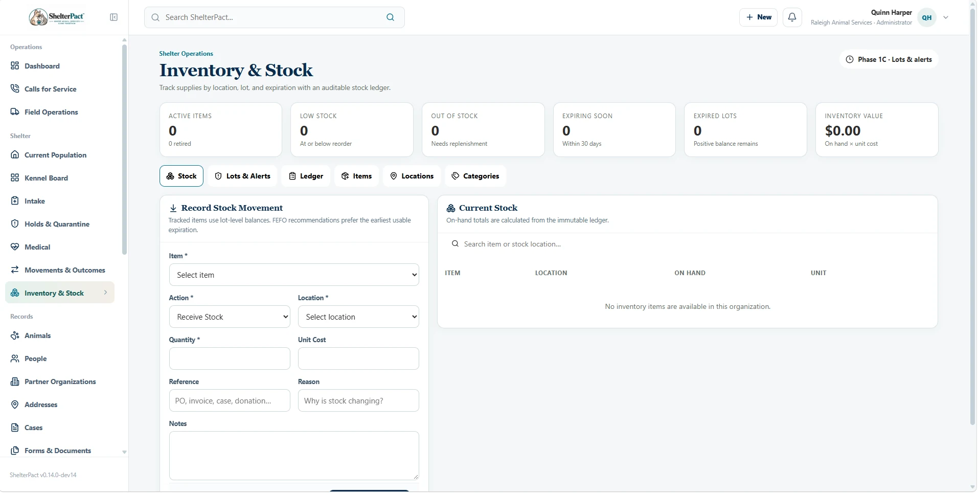 ShelterPact Inventory and Stock workspace