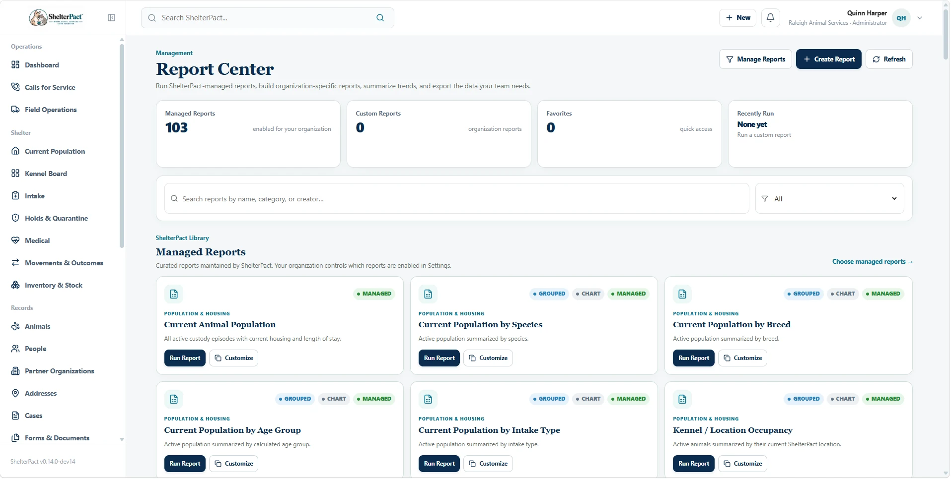 ShelterPact Report Center with managed and custom reporting
