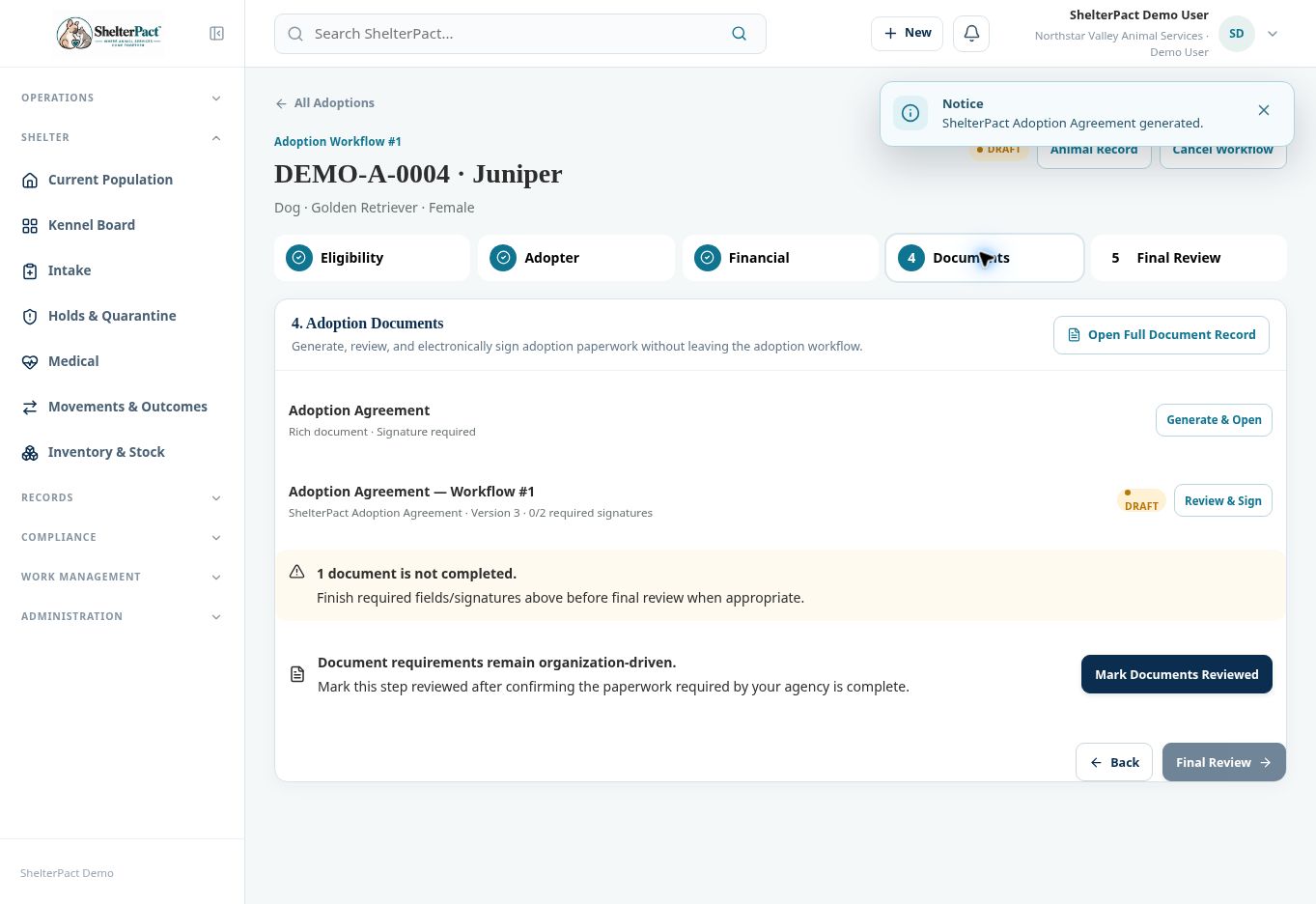 A workflow-generated agreement shows required signer progress before completion.