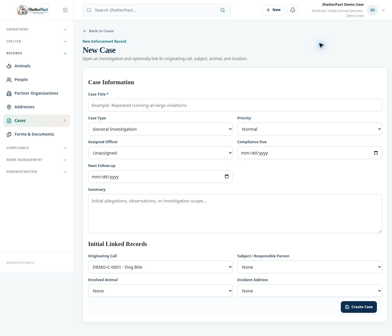 Case creation links the originating event with subjects, animals, and location.