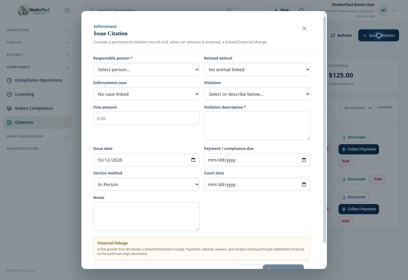 Citation issuance links the subject, violation, cases, dates, service method, and fine.