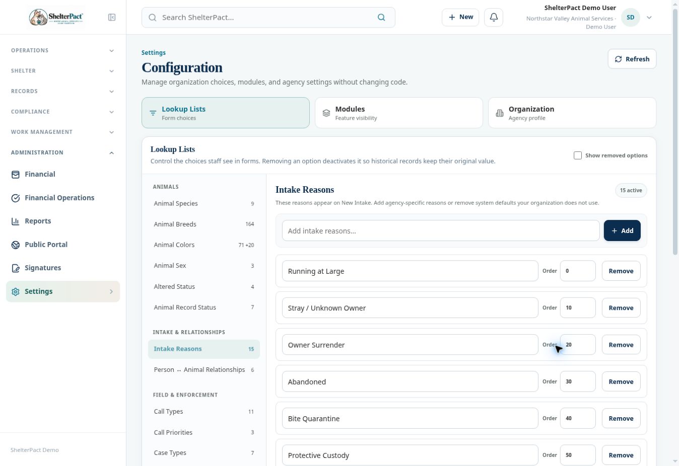 Lookup Lists manages the choices used in staff forms.