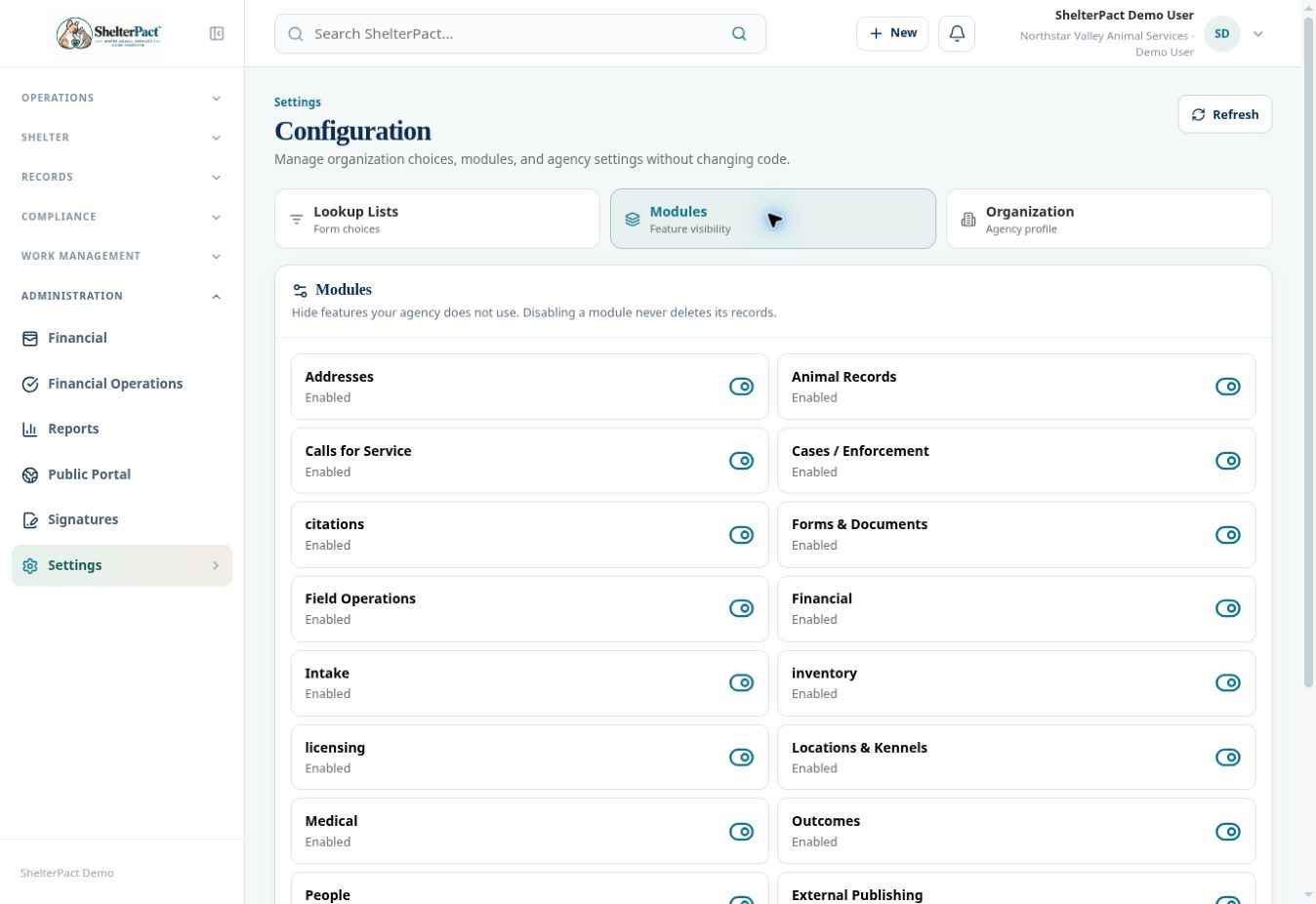 Modules controls feature visibility without deleting history.
