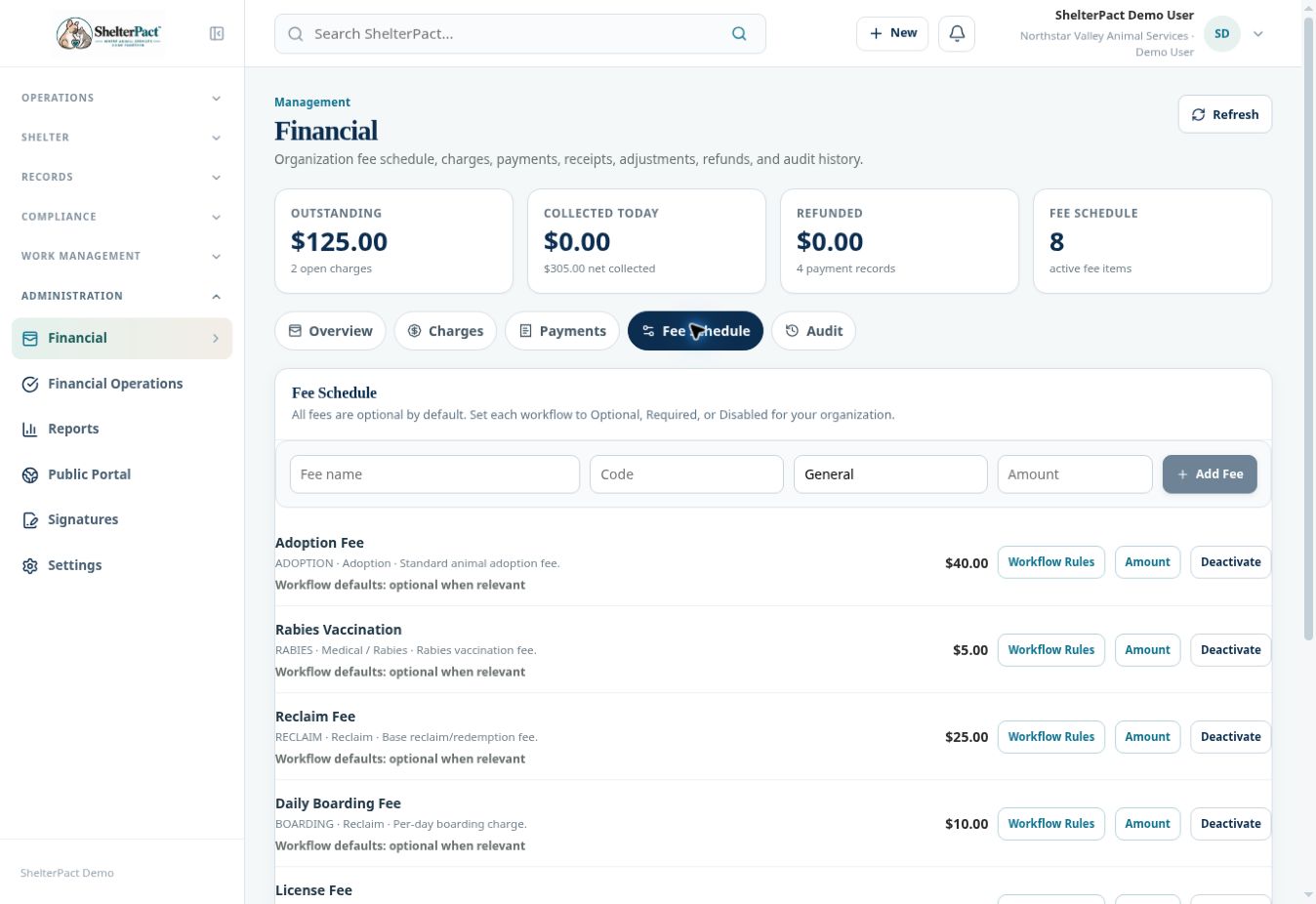 The fee catalog shows amount, category, active state, and workflow rules.