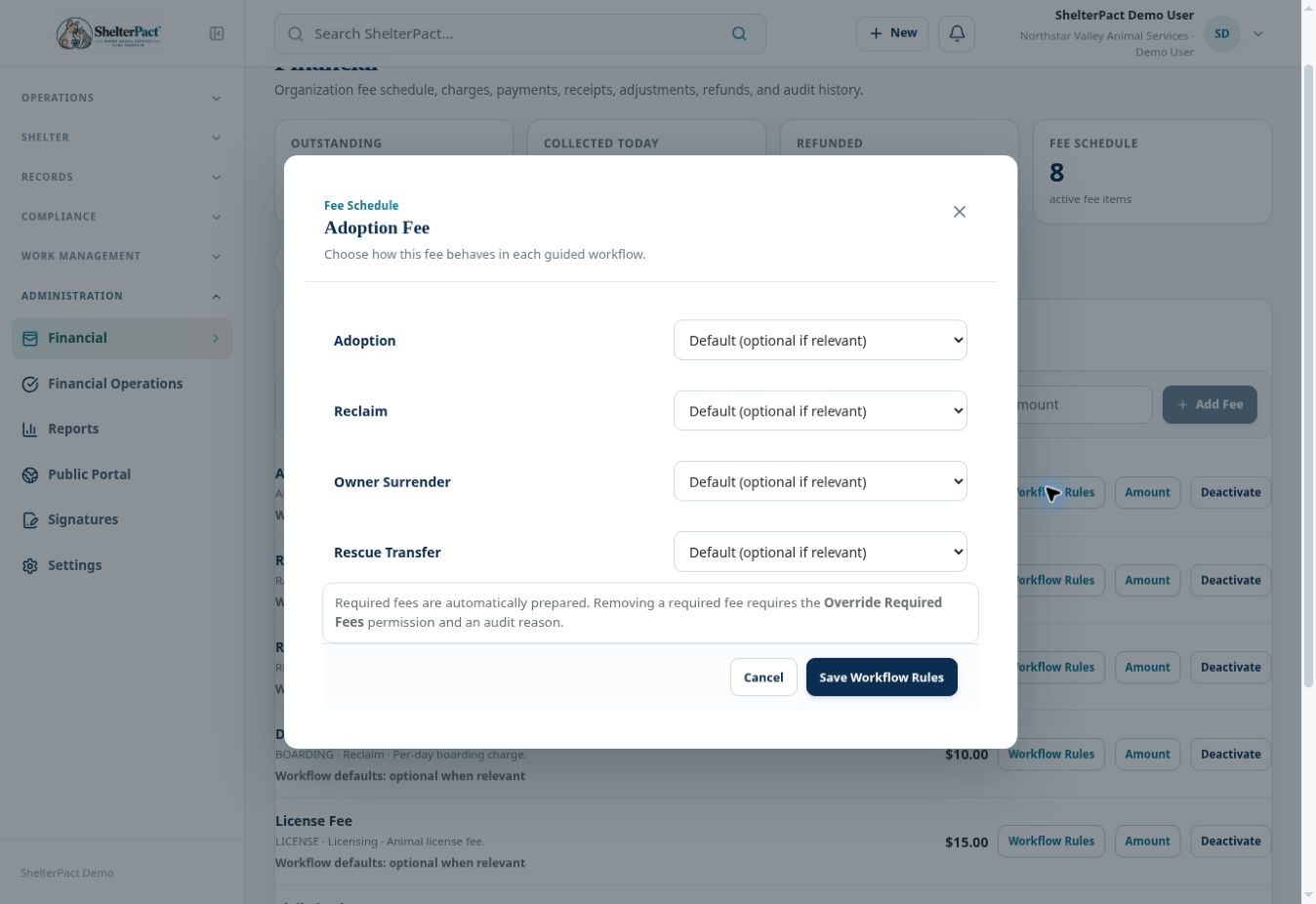 Fee requirements are configured separately by guided workflow.