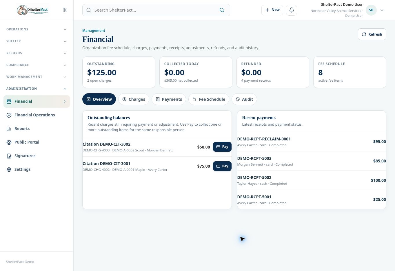 Overview distinguishes outstanding balances from recorded payments.