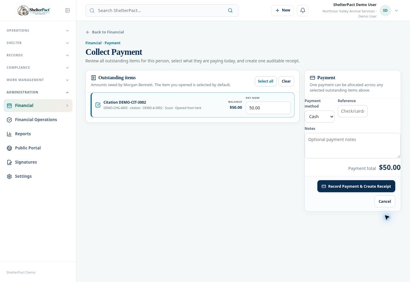 Collect Payment separates outstanding-item selection from payment details and total.