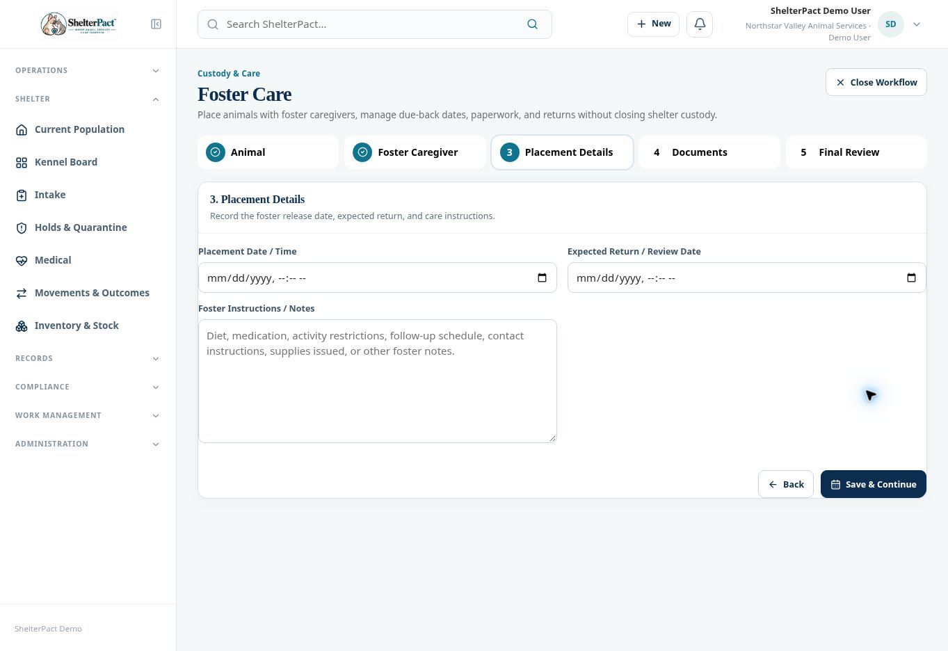 Placement Details records release date, expected return/review, and instructions.