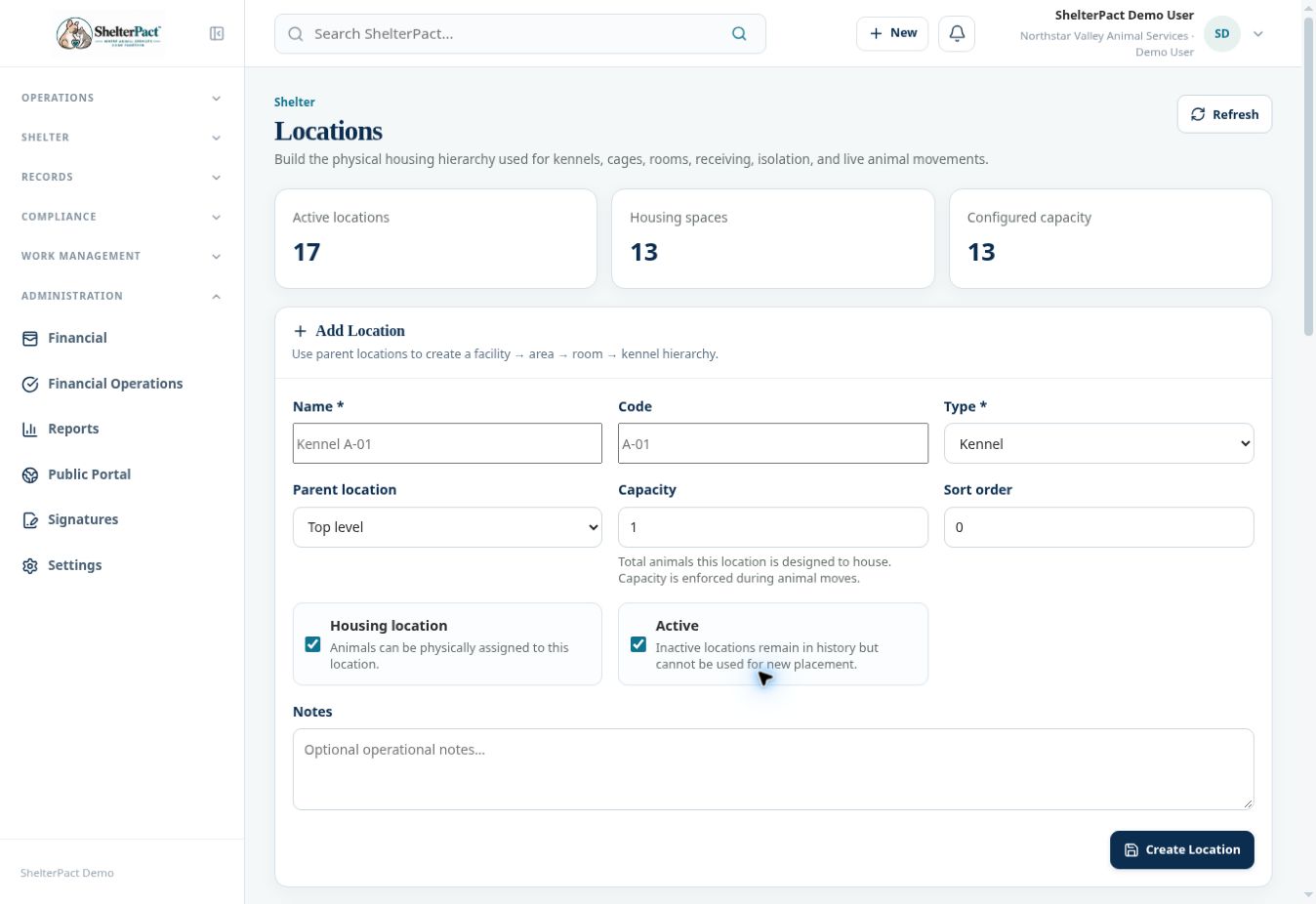 Location configuration distinguishes hierarchy, housing assignment, and capacity.