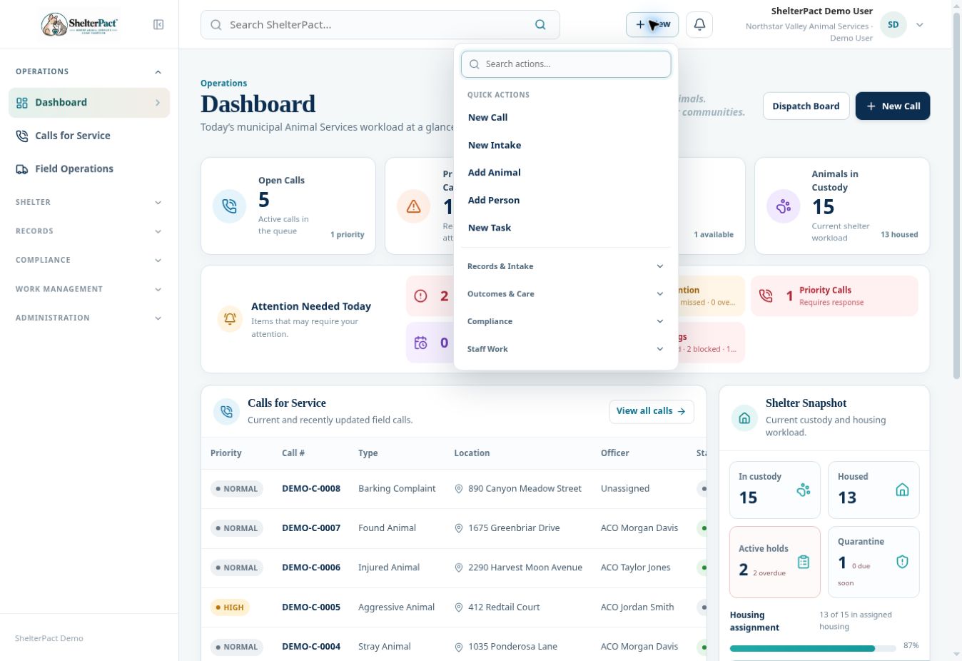 The New menu provides quick actions and searchable workflow entry points.