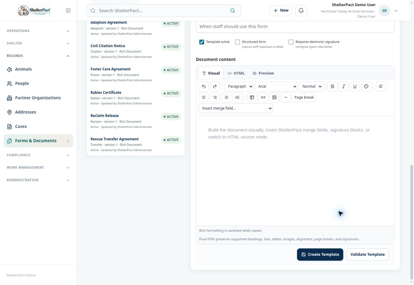 The rich template editor separates formatting, merge fields, and signature blocks.