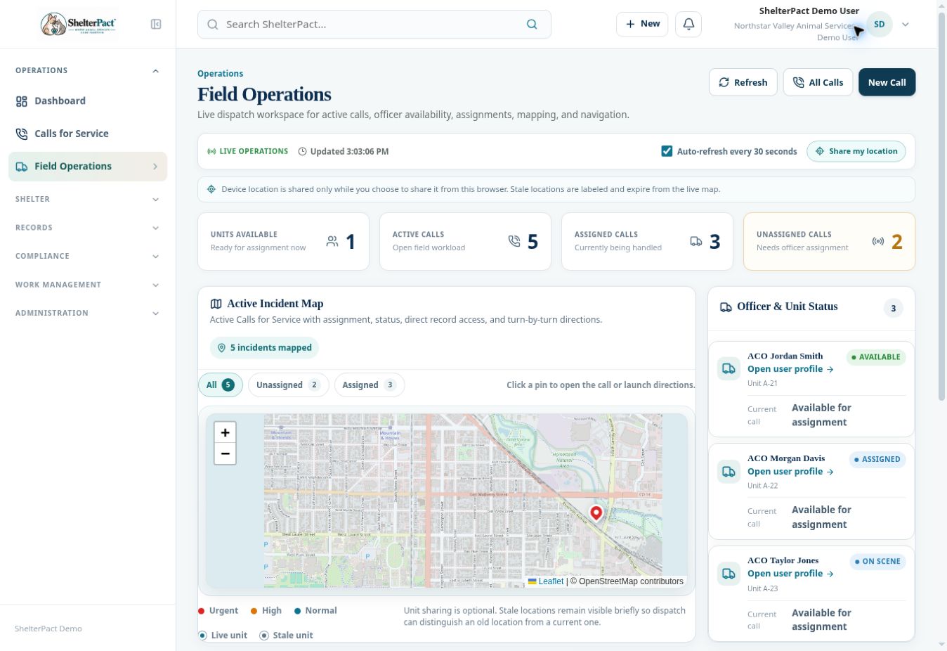 Field Operations connects map pins, unit status, unassigned calls, and active assignments.