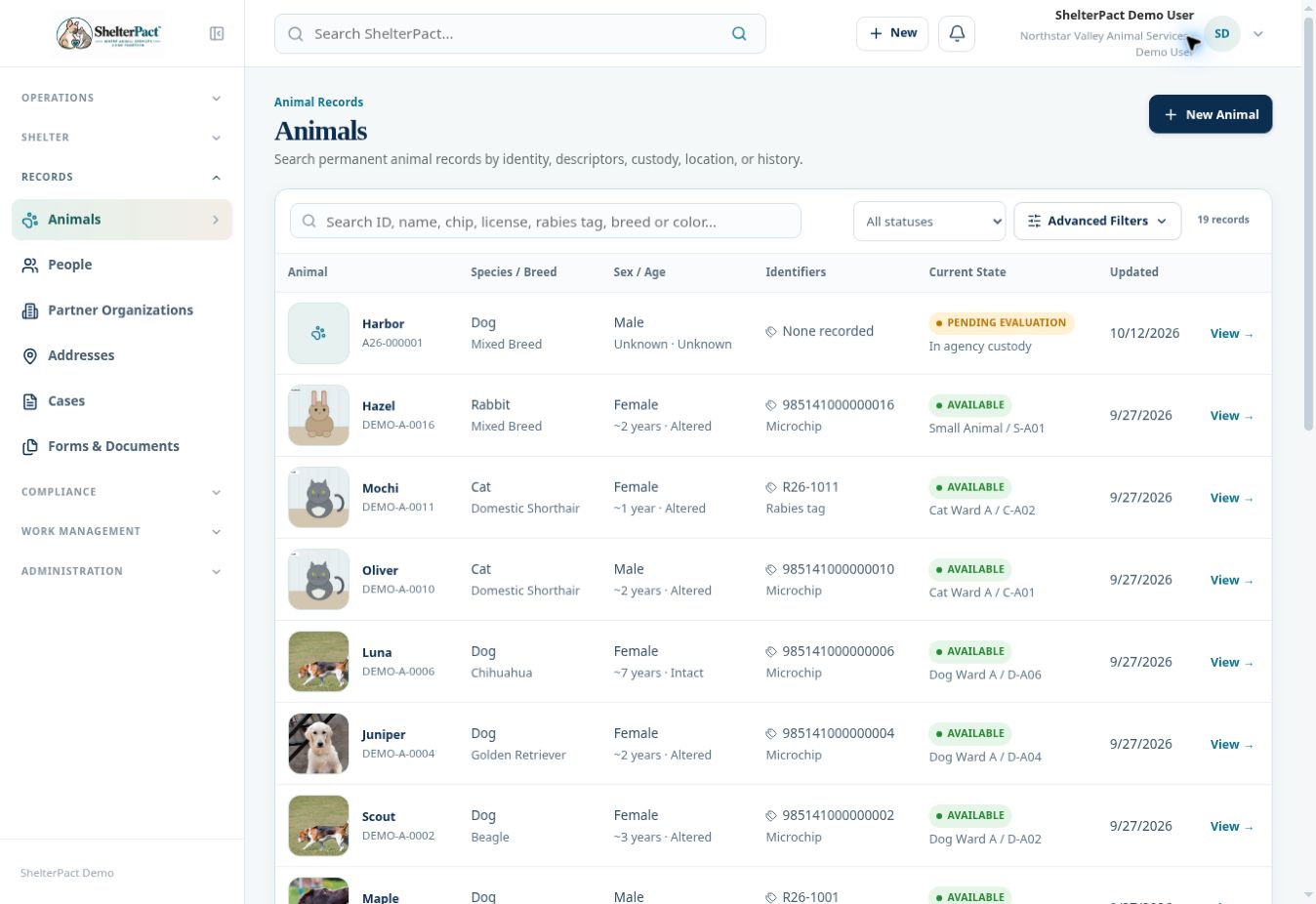 The animal directory provides search, status filters, and identifiers.