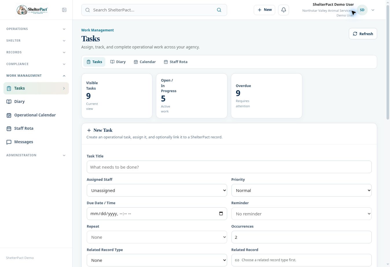 Tasks includes assignment, reminders, recurrence, and record links.