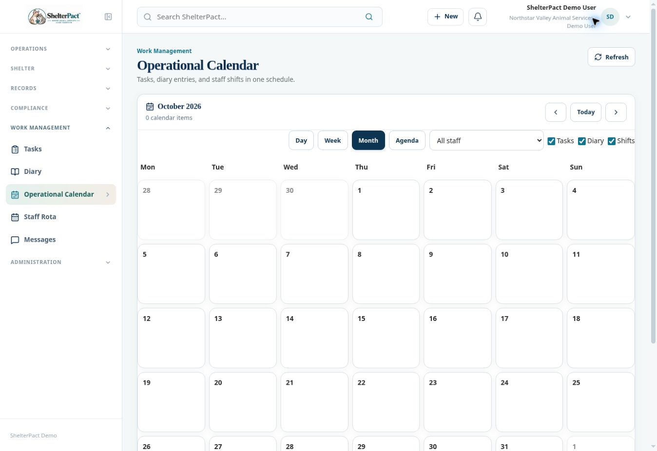 Operational Calendar combines tasks, diary entries, and staff shifts.