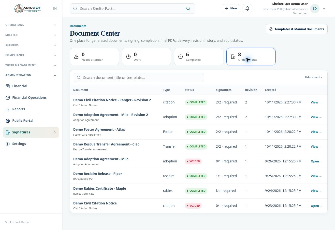 Document Center shows status, signature progress, and revision history.