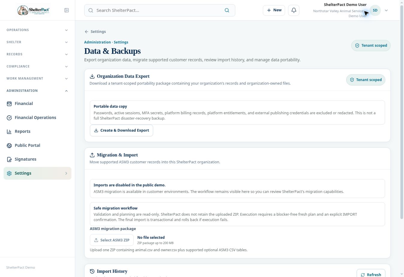 Data & Backups explicitly distinguishes portability, migration, and backup availability.