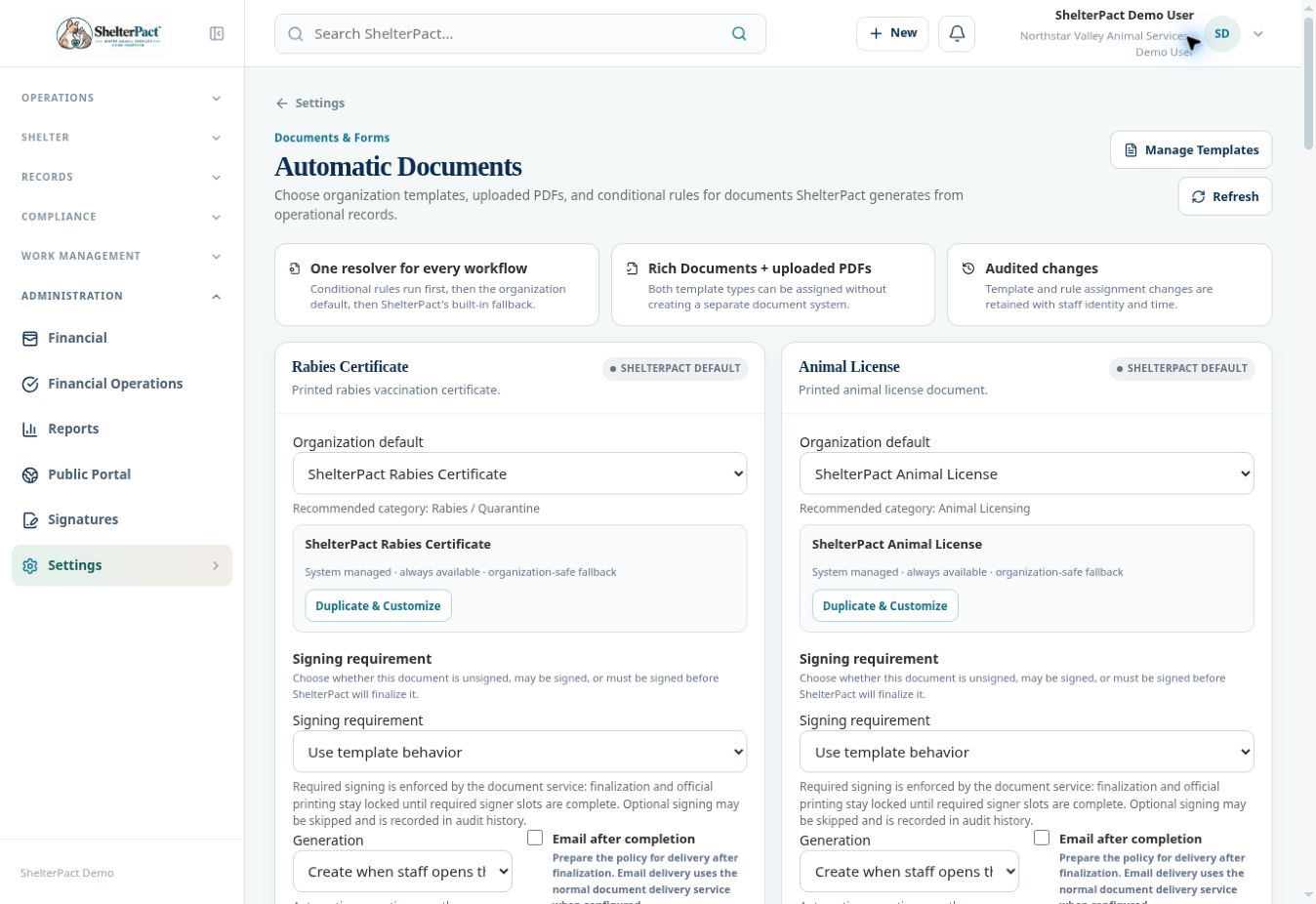 Automatic Documents controls workflow assignment and signing behavior.