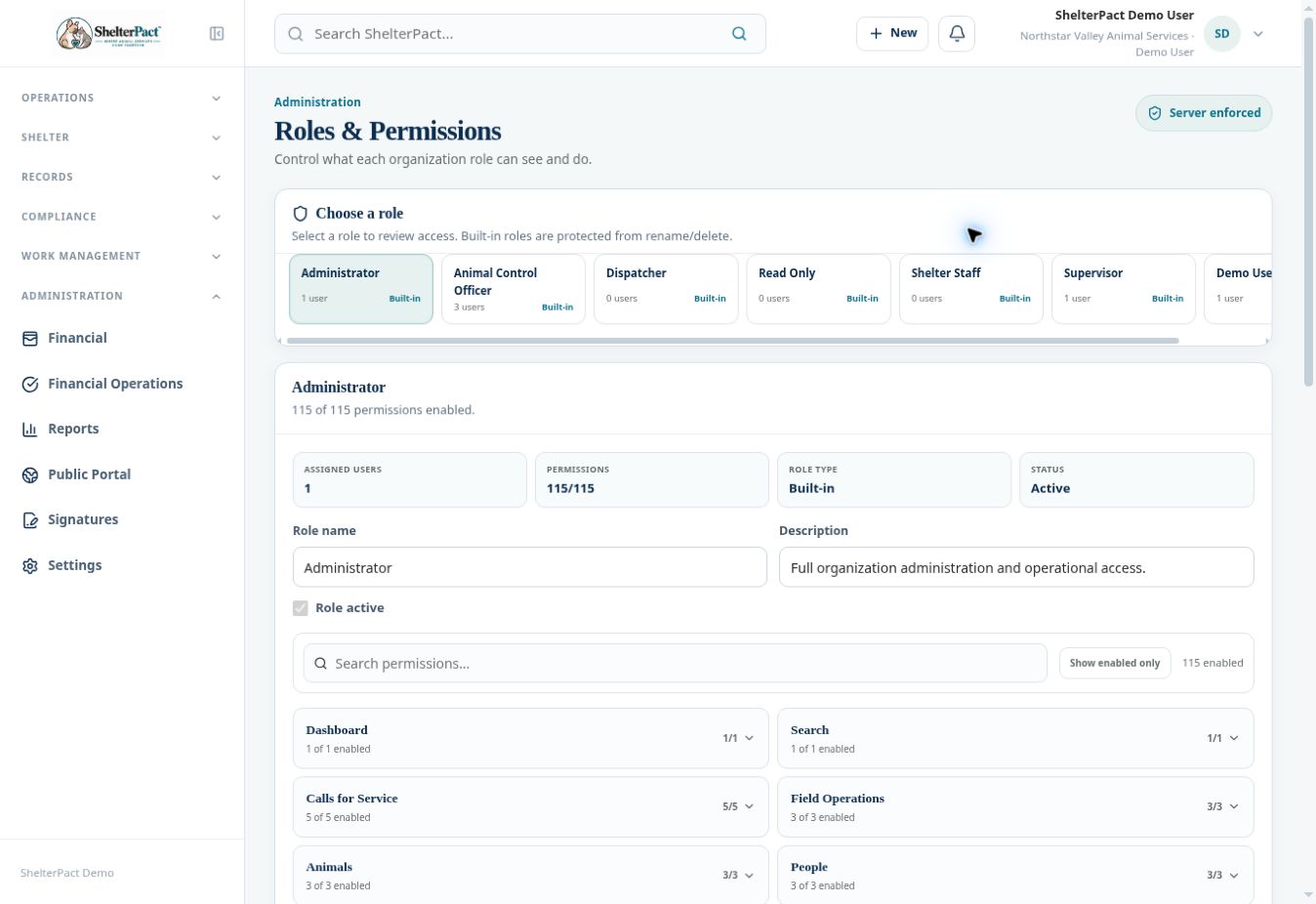 Roles & Permissions organizes access by role and action category.