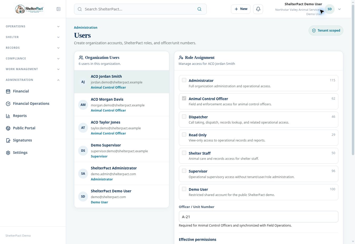 Users displays role assignment and effective permissions.
