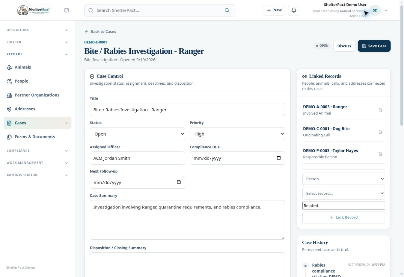 The case workspace includes control fields, violations, enforcement actions, linked records, and history.