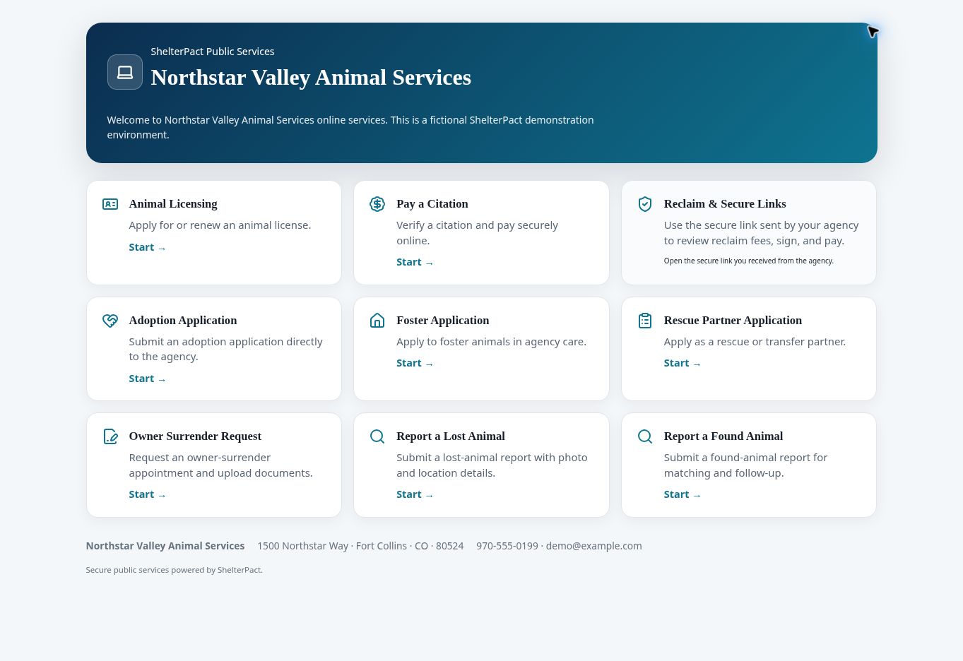 The citizen-facing service page lists enabled organization services.